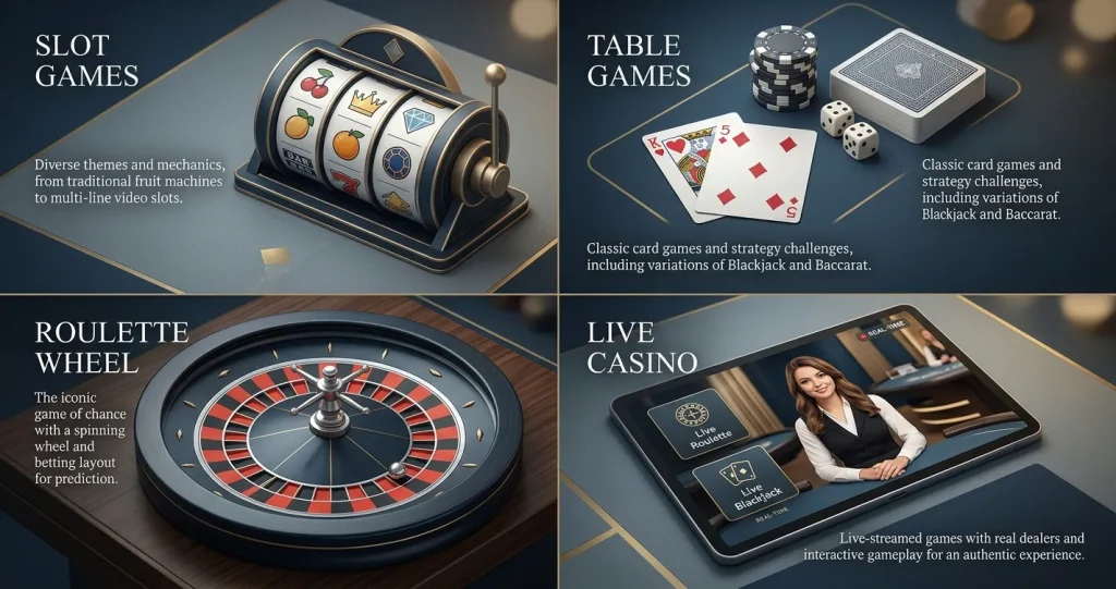 Editorial illustration of varied online casino game categories without branded game artwork