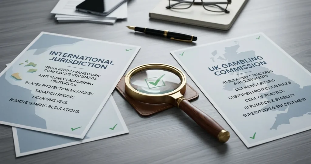 Conceptual editorial illustration comparing international and Great Britain gambling regulation