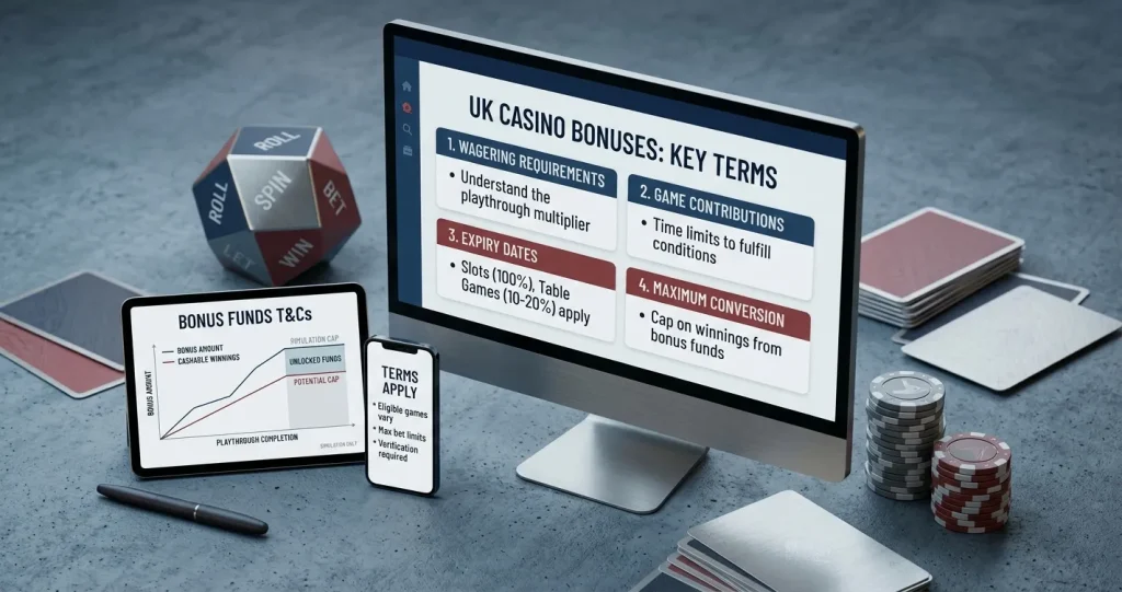 Editorial illustration representing casino bonus terms and conditions