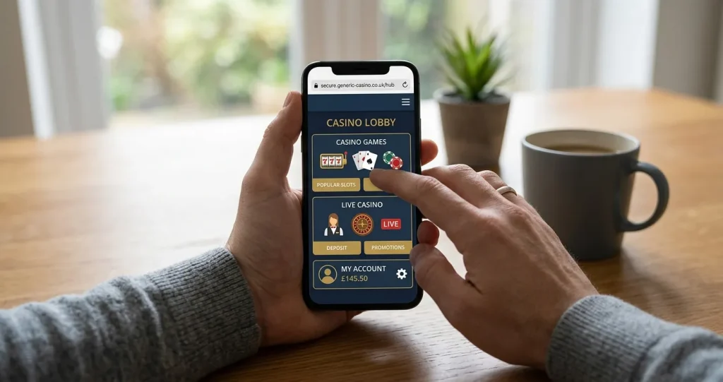 Editorial illustration of an unbranded smartphone showing generic casino categories