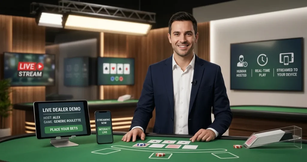 Editorial illustration of a generic live casino studio without branding or real game interfaces