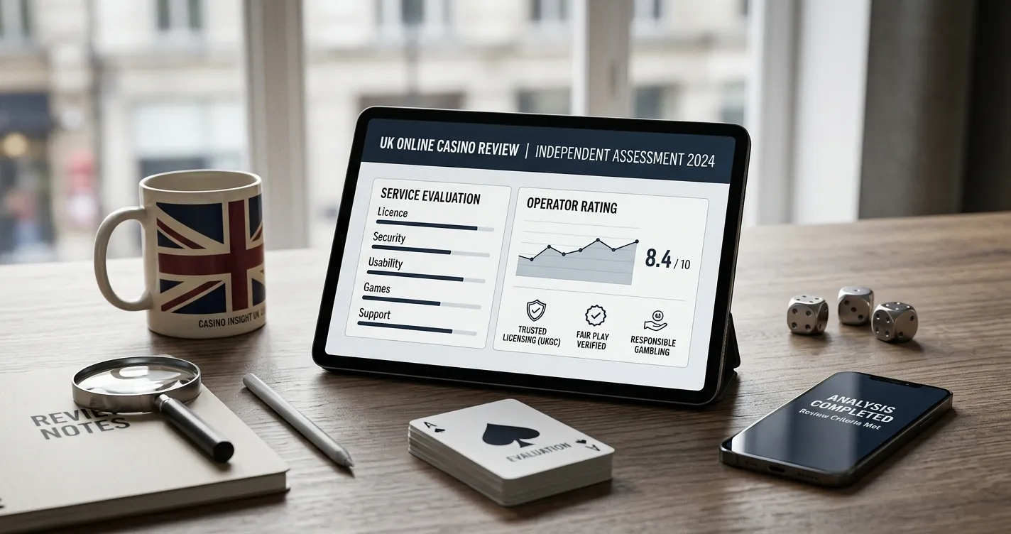Editorial illustration representing online casino evaluation for UK readers
